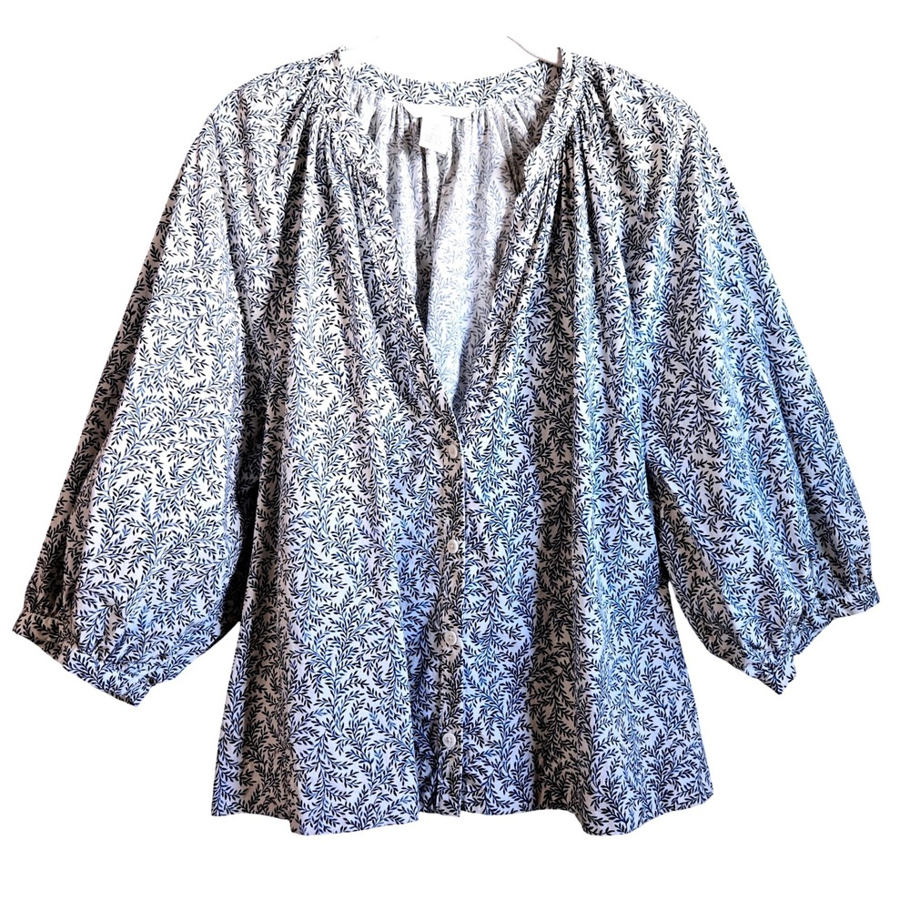 HM Women XL Boho Blue White Leaf Print‎ Cotton Button Front Puff Sleeve Top